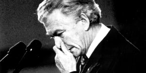 Prime Minister Bob Hawke crying at a Chinese Memorial at Parliament House 9.6.89 at the height of the Chinese Democracy Movement following the events at Tiananmen