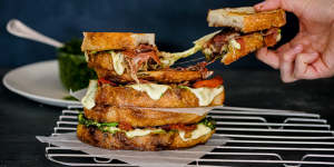 It's all about the cheese pull:Loaded caprese toasted sandwiches.