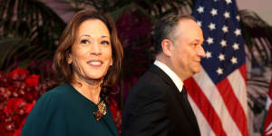 US Vice President Kamala Harris,left,and her husband,Second Gentleman Doug Emhoff,arrive at a state dinner in honour of Kenyan President William Ruto in Washington last Thursday.