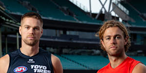 GWS Giants Player Harry Himmelberg and Sydney Swans Player James Rowbottom ahead of the Sydney Derby