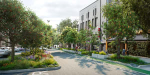 An artist’s render showing the potential change in Faraday street,Carlton,if on-street car parks were replaced with greenery. 