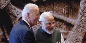 Indian Prime Minister Narendra Modi welcomes US President Joe Biden upon his arrival at Bharat Mandapam convention center for the G20 Summit.