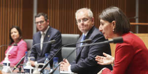 Then NSW premier Gladys Berejiklian (right) addresses a national cabinet meeting in December 2020,alongside Scott Morrison,Daniel Andrews and Annastacia Palaszczuk.