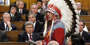 Then national chief of the Assembly of First Nations Phil Fontaine addresses the Canadian parliament in 2008.