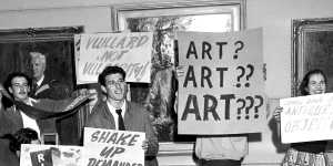 Art students at the Art Gallery of NSW,protest the awarding of the Archibald Prize to William Dargie for his portrait of Essington Lewis on January 24,1953.