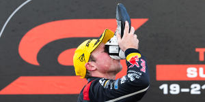 Brown does a shoey after the Taupo Super400 in New Zealand in April.