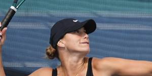Aryna Sabalenka practising for the Miami Open on Wednesday,just days after the death of her ex-boyfriend Konstantin Koltsov.