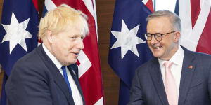 Boris Johnson meets Anthony Albanese at the NATO leaders’ summit in Madrid on Wednesday.