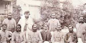 The Aboriginal cricket team who played the Melbourne Cricket Club on Boxing Day,1866. Dick-a-Dick is standing on the far right.