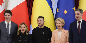 Ukrainian President Volodymyr Zelensky (centre) on Saturday in Kyiv with (from left) Canadian Prime Minister Justin Trudeau,Italian Prime Minister Giorgia Meloni,EU Commission President Ursula von der Leyen and Belgian Prime Minister Alexander De Croo.