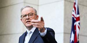 Prime Minister Anthony Albanese at a press conference at Parliament House in Canberra.