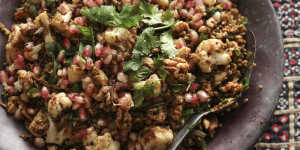 Freekeh with cauliflower,pomegranate and mint.