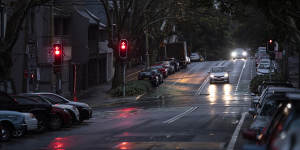 Quiet Sydney streets on a wet,chilly Friday night.