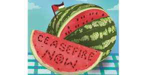 Watermelon with seeds spelling out ‘ceasefire now’.