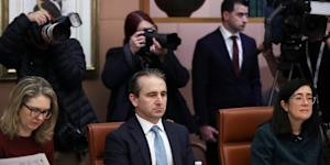 Danielle Wood,CBA CEO Matt Comyn and ACCC Chair Gina Cass-Gottlieb at the economic roundtable on Thursday,August 21,2025. 