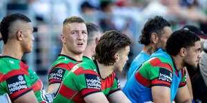 Rabbitohs players show their frustration during the defeat to the Warriors.