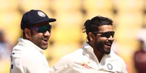 Rohit Sharma and Ravi Jadeja celebrate the dismissal of Australia’s Marnus Labuschagne on Thursday.
