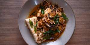 Mangalorean-style pipis with white dhokla,a savoury sponge.