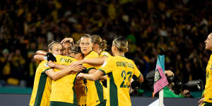 Caitlin Foord scores for Australia. Australia v Denmark - Olympic Park. Photograph by Edwina Pickles. Taken on 6th August 2023.
