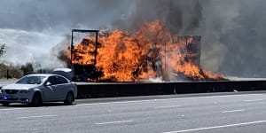 ‘Burning ferociously’:Huge truck fire closes Eastern Freeway at Doncaster