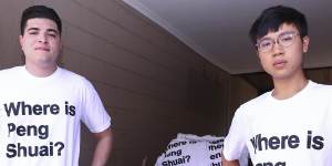 Drew Pavlou,left,and Max Mok show some of the shirts they had printed up ahead of the Australian Open in January with the slogan Where is Peng Shuai?