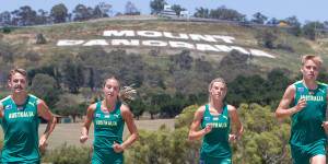 Members of the Australian World Cross Country team Jack Rayner,Rose Davies,Abbey Caldwell and Stewart McSweyn on Mount Panorama.