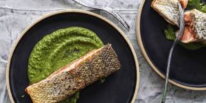 Salmon with green vegetable sauce.