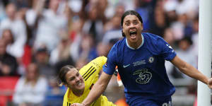 Sam Kerr,playing for Chelsea,celebrates after getting past Manchester United (and England) keeper Mary Earps to score at Wembley Stadium three months ago. 