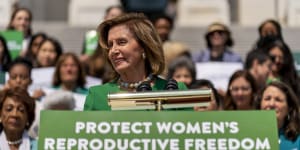 US House Speaker Nancy Pelosi,accompanied by female House Democrats,speaks at an event ahead of the vote on the Women’s Health Protection Act at the Capitol in Washington.