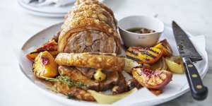 Karen Martini's roasted pork scotch with peaches and burnt honey and thyme dressing.