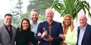 Six of this year’s seven Gold Logie nominees (l-r):Karl Stefanovic,Julia Morris,Hamish Blake,Tom Gleeson,Sonia Kruger and Ray Meagher. Absent:Melissa Leong.