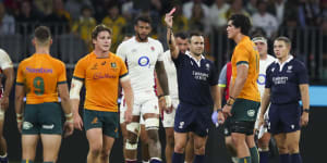 Darcy Swain sees a red card against England in Perth in 2022.