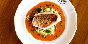 Crisp-skinned red mullet on sauce Americaine with fregola.