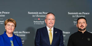 Swiss President Viola Amherd,federal cabinet minister Bill Shorten and Ukrainian President Volodymyr Zelensky at the peace summit in Switzerland. 