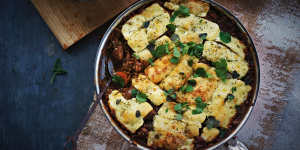 Sausage and lentil and casserole covered with haloumi cheese.