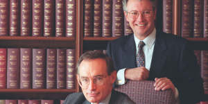Shows Premier Bob Carr and Treasurer Michael Egan at State Parliament prior to announcing the budget,1995.