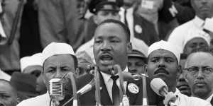 In this Aug. 28,1963,file photo,Dr. Martin Luther King Jr. addresses marchers during his “I Have a Dream” speech at the Lincoln Memorial in Washington.