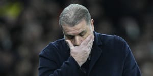 Tottenham manager Ange Postecoglou reacts after Manchester City take the lead in their FA Cup clash.
