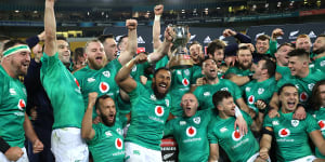 Ireland celebrate after winning their three-Test series against the All Blacks with victory in Wellington.