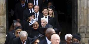 Prime Minister Anthony Albanese with Jodie Haydon,Canada’s Prime Minister Justin Trudeau and his wife Sophie Trudeau leave Westminster Abbey.