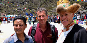 Balderstone and Hillary with Jamling Tenzing Norgay,son of mountaineer Tenzing Norgay,at Khumjung,Nepal,during celebrations for the 50th anniversary of the first school built by Edmund Hillary. 