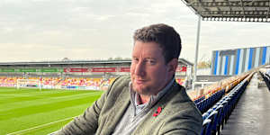 York Knights owner Clint Goodchild sits in the grandstand at the 8000-seat LNER Community Stadium in York.