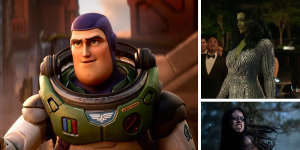 Clockwise from main:Chris Evans voices Buzz in Lightyear,Tatiana Maslany in She-Hulk:Attorney At Law and Amber Midthunder in Prey.