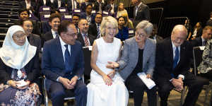 Anwar Ibrahim and his wife Wan Azizah,ANU chancellor and former foreign minister Julie Bishop,Foreign Minister Penny Wong and former foreign minister Gareth Evans at an oration given in Evans’ honour last month.