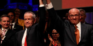 Federal Labor leader Bill Shorten with state leader Luke Foley at the conference on Sunday. 