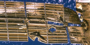 Damage to the solar array on Russia’s Mir space station after a Russian supply ship collided with it in 1997. 