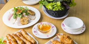 Spring rolls and sugar cane prawns at Phu Quoc in Cabramatta. 