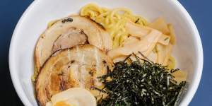 Original aburasoba bowl with chashu pork,seaweed and an ajitama egg. 