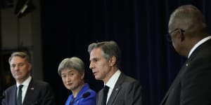 (Left to right) Defence Minister Richard Marles and Foreign Minister Penny Wong with US counterparts Antony Blinken and Lloyd Austin in Washington last year.