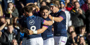 Sione Tuipulotu celebrates a try in Scotland’s victory over Tonga last weekend.